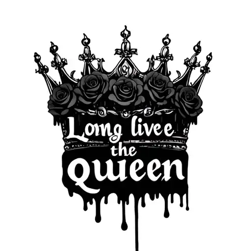 "Long live the queen" "Long live the queen" Black melting queen crown  with black roses around the crown and dark shadows tattoo design idea