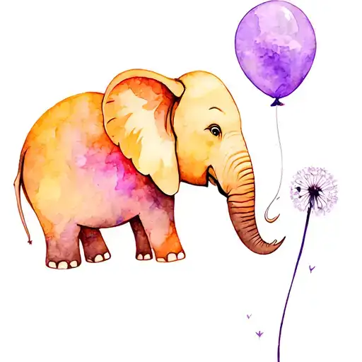 elephant, purple balloon flying, dandelion flower, tattoo design idea