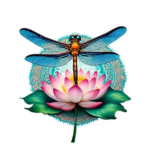 A dragonfly hovering over a lotus flower with a mandala design in the background, symbolizing personal growth and meditation tattoo design idea