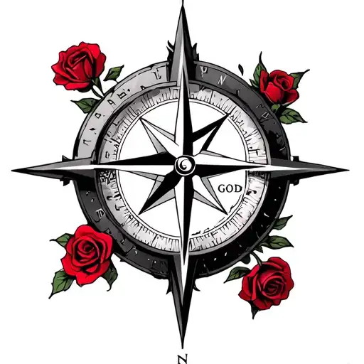 compass that points north but north is replaced with god and there are red roses inside the compass tattoo design idea