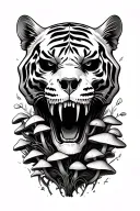 tiger skull with mushrooms growing out of it tattoo design idea