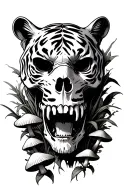 tiger skull with mushrooms growing out of it tattoo design idea