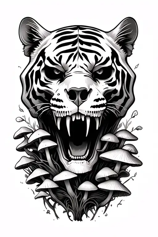 tiger skull with mushrooms growing out of it tattoo design idea