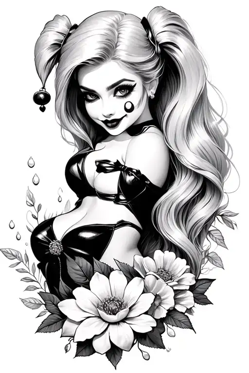 Harley Quinn and Rapunzel surrounded by sundrop flowers tattoo design idea