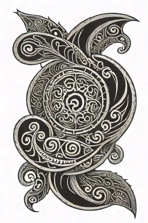 A vertical Maori style tattoo running down the centre of the chest, starting with a small crescent moon at the top, depi tattoo design idea