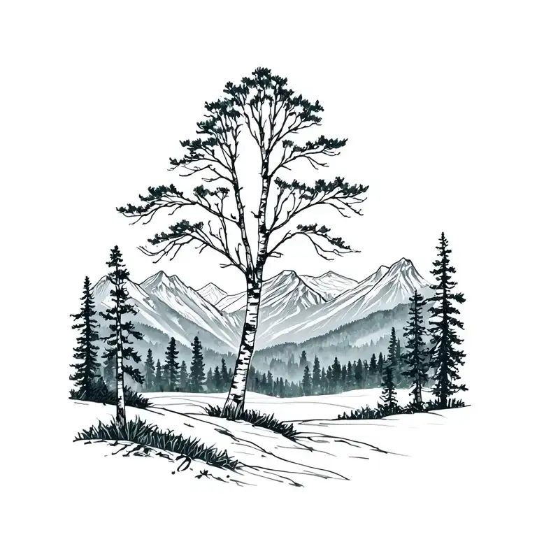 birch trees with mountains in the background tattoo design idea