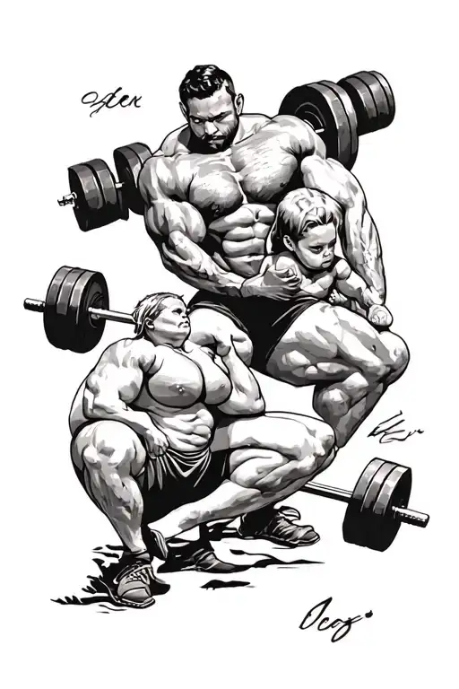 Design a tattoo with a weightlifting scene and family members silhouettes tattoo design idea