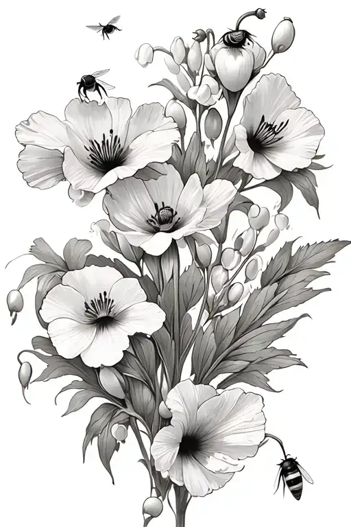 lily of the valley poppy flowers bloominwith bee flying towards living tattoo design idea