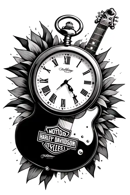pocket watch, guitar, Harley Davidson logo tattoo design idea