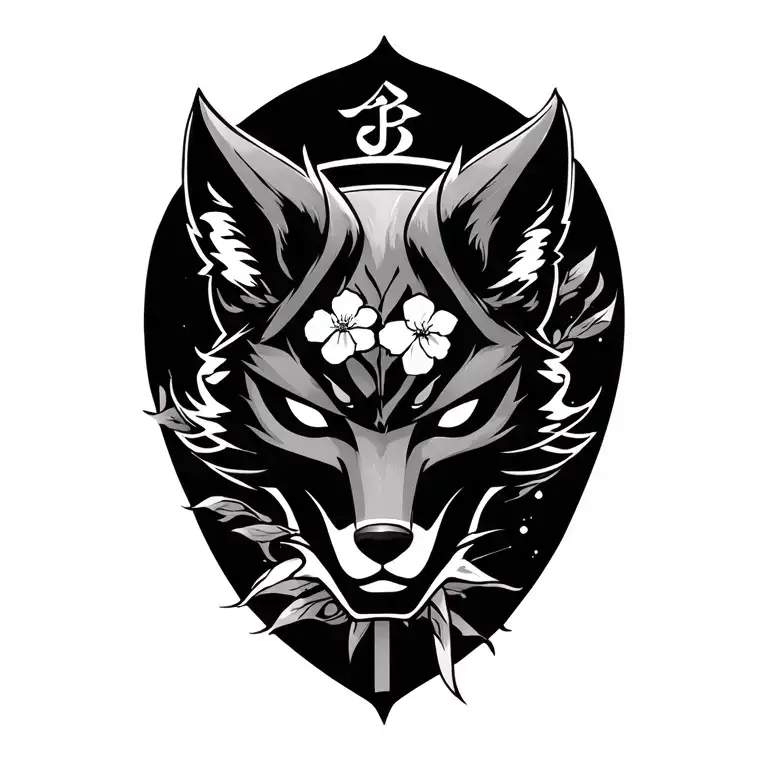 Kitsune mask, chery blossom, katana, fairy tail symbol, fullmetal alchemist brotherhood symbol. Fine Line style tattoo design idea