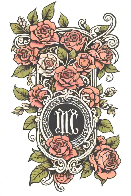 roman imperial logo surrounded by flowers growing tattoo design idea