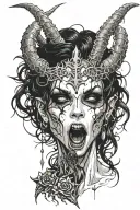 Sexy pale skinny Girl, pure white eyes, demonic black horns, messy black hair, long terrifying fingernails. bloody. tattoo design idea