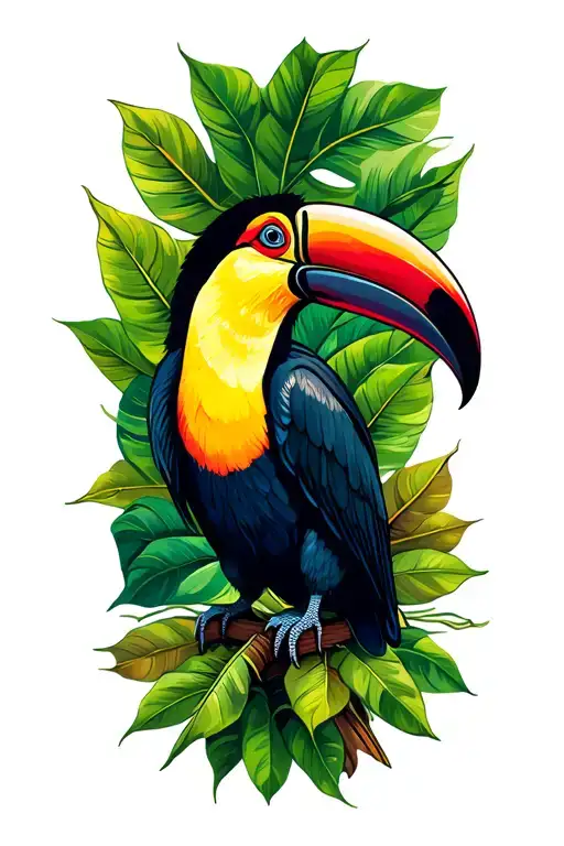 jungle leaves with toucan perched tattoo design idea