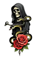grim reaper skull and snakes with roses tattoo design idea