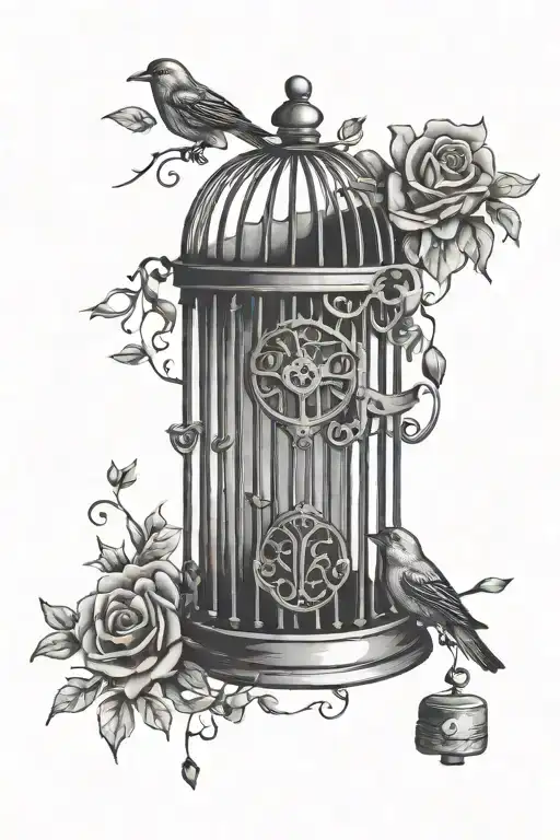 birdcage with open cage door and broken heart-shaped lock tattoo design idea