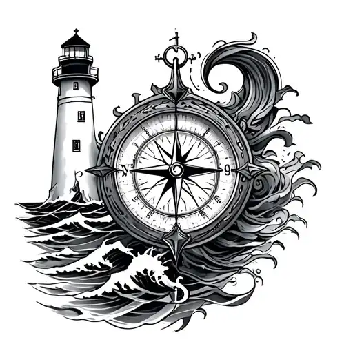 black and gray nautical tattoo sleeve, classic compass on chest flowing into shoulder, lighthouse, ocean waves, bold rop tattoo design idea