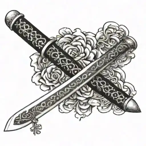 fortis fortuna adjuvant written on a silk band wrapping around a Damascus katana tattoo design idea
