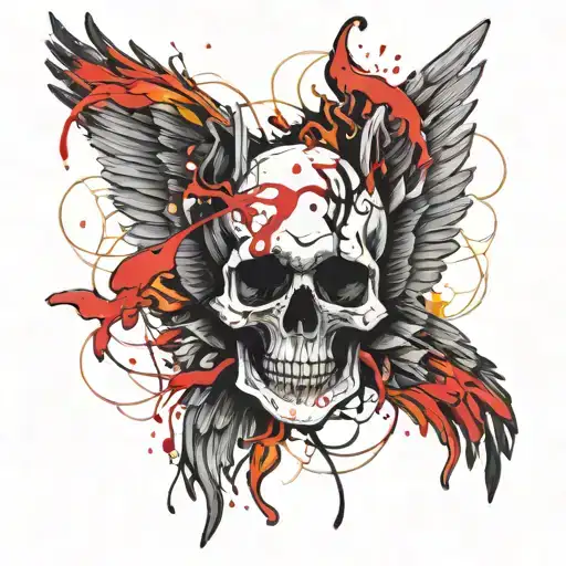 skull angel wings in fire  tattoo design idea