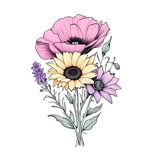 poppy, sunflower, daylily, lilac bouquet tattoo design idea