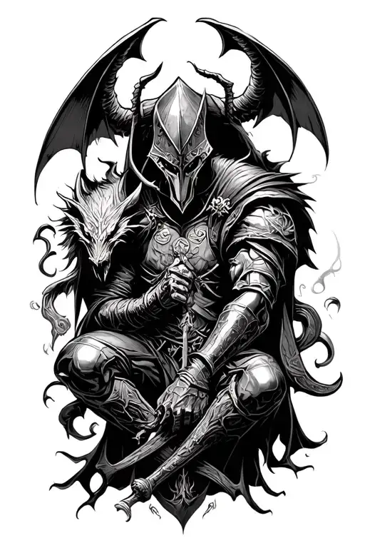 Overthinking knight fighting demons tattoo design idea