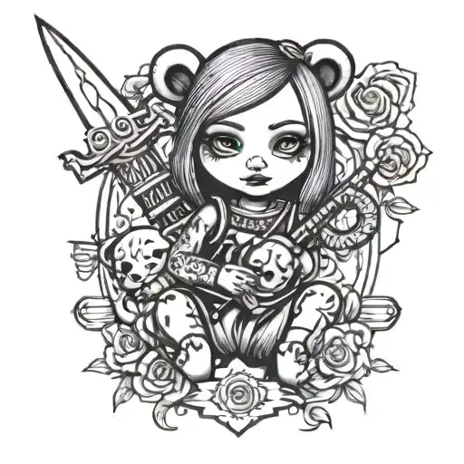 Tattoo design: girl with black Bratz style tattoos holding a teddy bear and a dagger tattoo design idea