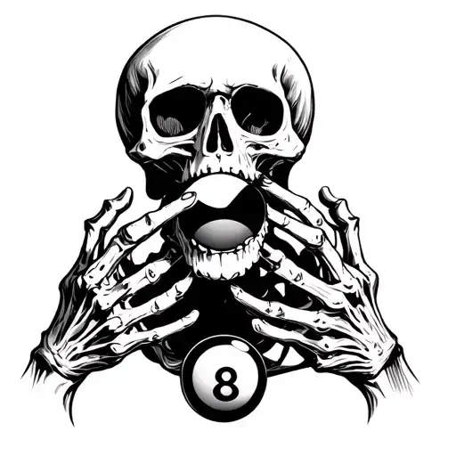 skeleton with an 8 ball in its mouth  tattoo design idea