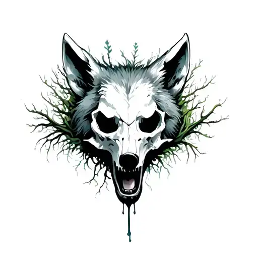 A wolf skull (as a symbol of survival), from which emerge roots and a female, semi-transparent, almost spirit-like silho tattoo design idea