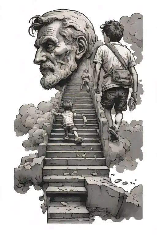 Dad and child walk up the stairs to the sky, time, eyes tattoo design idea