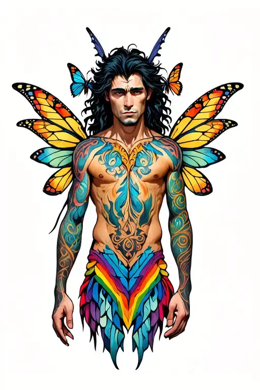 male faery torso, mischievous, tribal. Around him are butterflies, rainbows. tattoo design idea