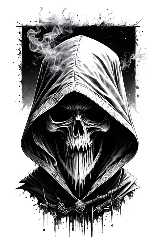 Hooded Reaper Silohuette, Smoke, shadow, ethereal, Scary, dark, goth, grungy, esoteric tattoo design idea
