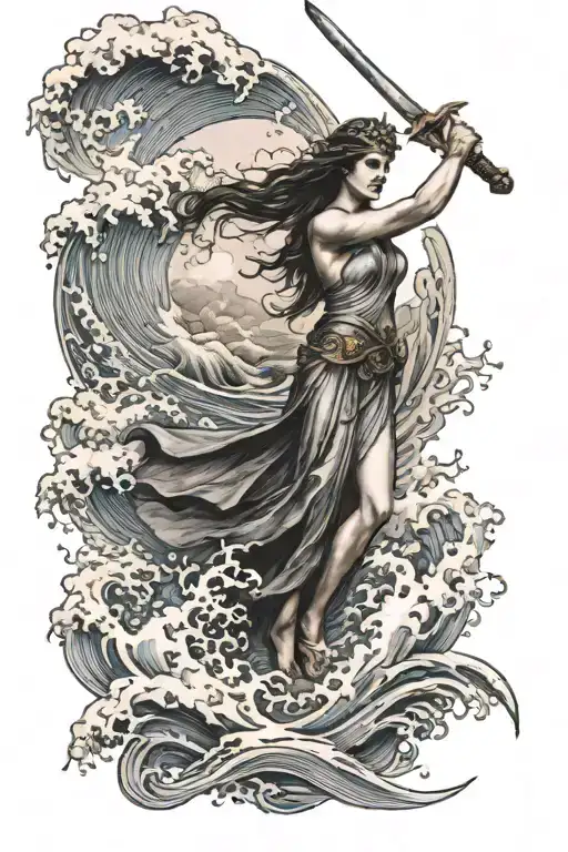 athena with sword and scale and waves crashing waves tattoo design idea