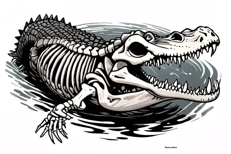 alligator swimming skeleton tattoo design idea