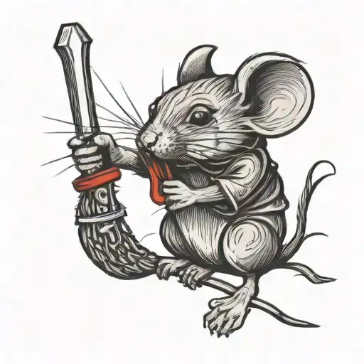 Woodcut mouse with big ears and needle sword around his wait with red string tattoo design idea