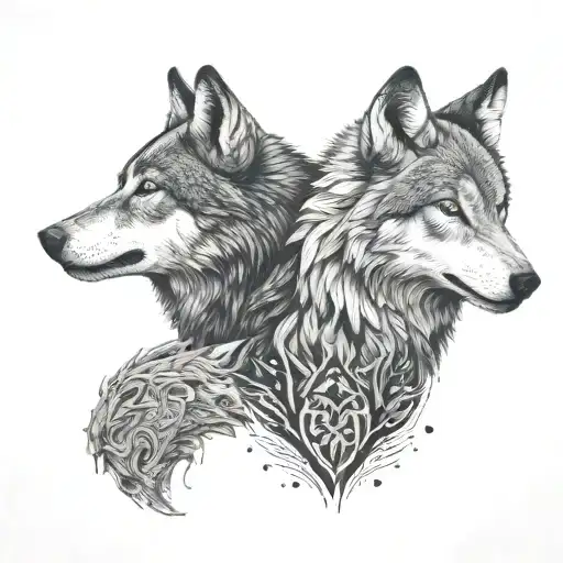 two wolves looking at each other. one of them white colour teethangry fangs tattoo design idea