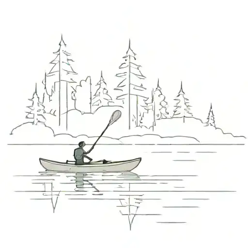 empty kayak, slightly angles towards bottom left, on a calm lake surrounded by trees tattoo design idea