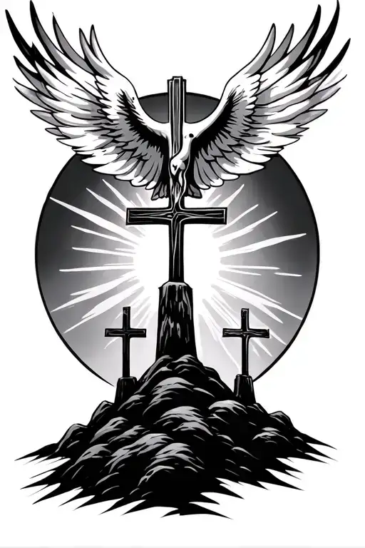 three crosses in a hill circle with a holy spirit dove shining.  tattoo design idea