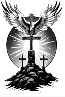 three crosses in a hill circle with a holy spirit dove shining.  tattoo design idea