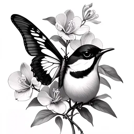 robin, butterfly and orchid tattoo design idea