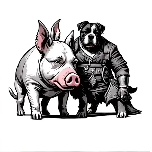 pig with a dog and a poo and executioner tattoo design idea