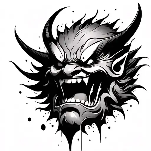 Japanese oni mask broken into 3 pieces falling tattoo design idea