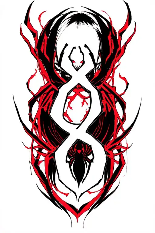 phantom troupe spider tattoo completey cybersigilism in and around it, number 8 from shizuku, black and red coloring tattoo design idea
