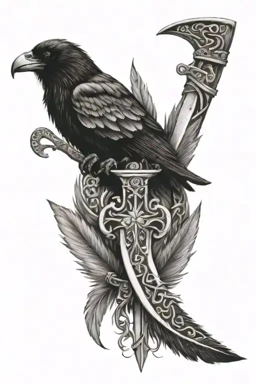 a crow feather wrapping around a sword engraved with viking runes tattoo design idea