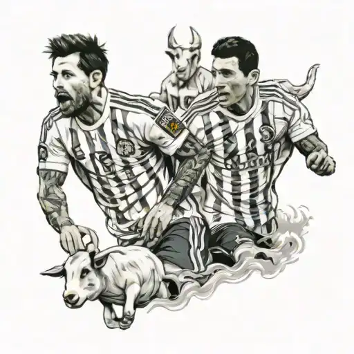 Messi and ronaldo taking a picture with a goat in the back tattoo design idea