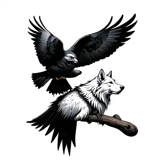 white wolf and black kestrel perched on their shoulder tattoo design idea