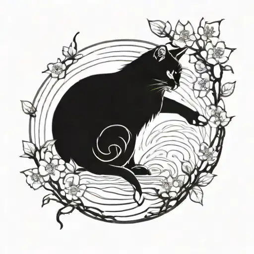pond with a cherry blossom tree and cat reaching into water to catch fish  tattoo design idea