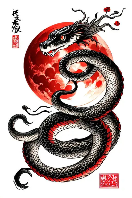 neo traditional japanese snake and blood moon tattoo tattoo design idea