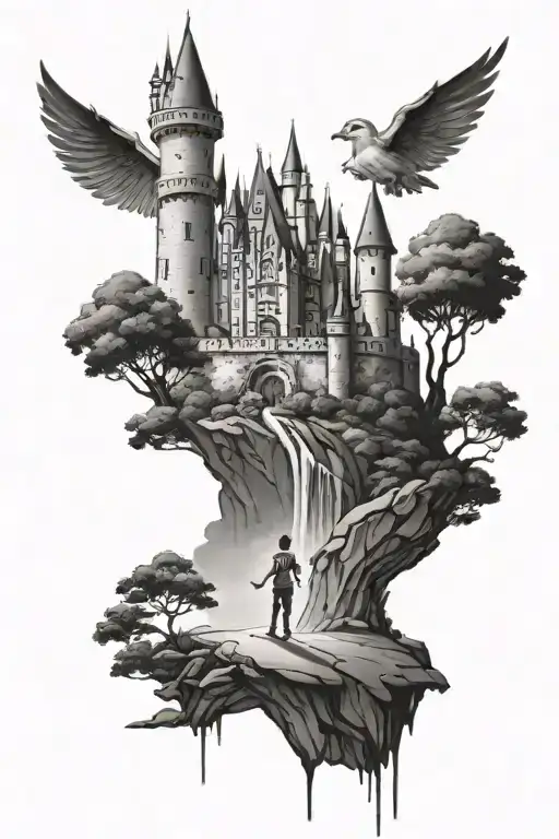 disney castle on a hill with a boy and girl holding hands walking towards it tattoo design idea