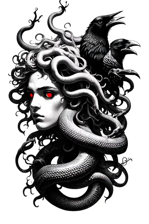 medusa, zeus, left, b/w, red eyes, snakes, ravens tattoo design idea