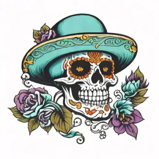 Mexican skull. Main colors Sky Blue and Dark Green, also some purple and red. It wears a rapper cap backwards  tattoo design idea