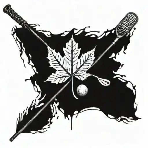 A majestic maple leaf tree with hockey sticks, golf clubs, baseball bats, fish, and lobsters hanging from the branches tattoo design idea